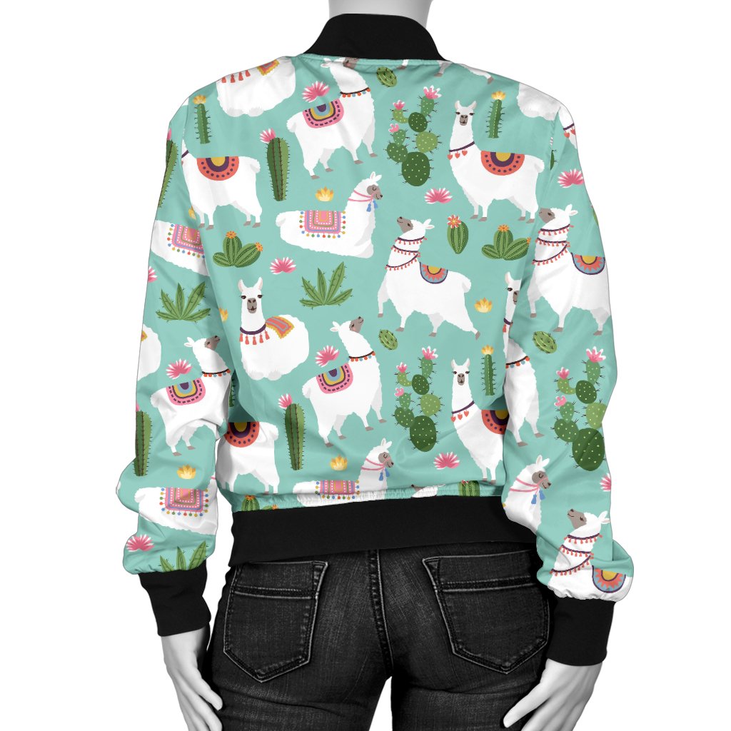 Llama With Cactus Themed Print Women Casual Bomber Jacket