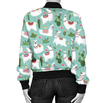 Llama With Cactus Themed Print Women Casual Bomber Jacket