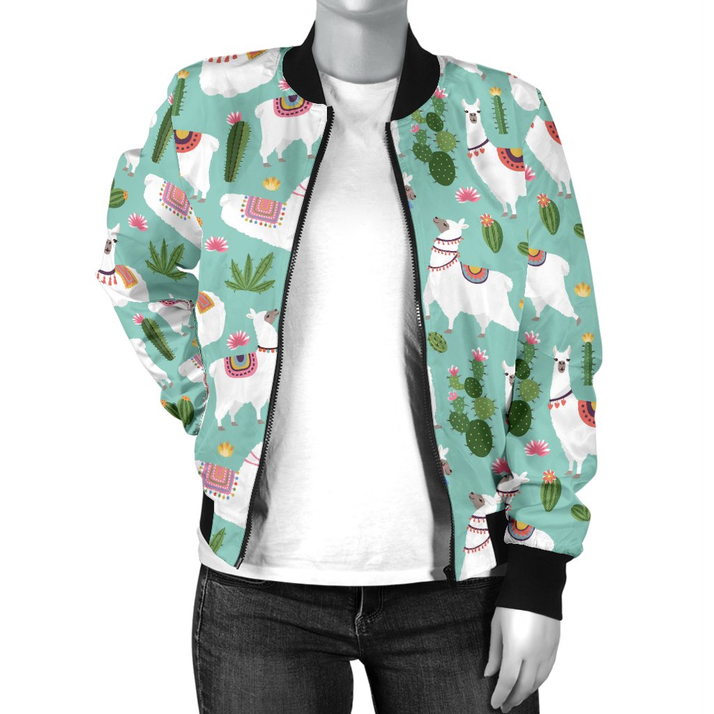 Llama With Cactus Themed Print Women Casual Bomber Jacket