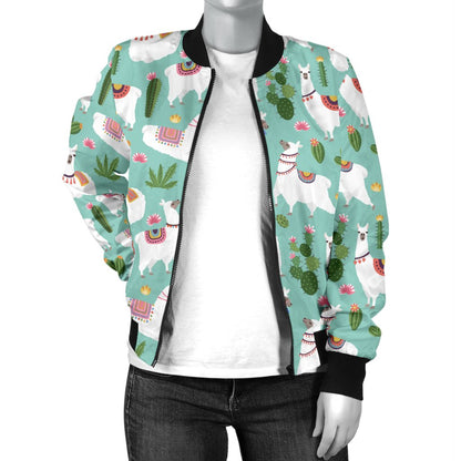 Llama With Cactus Themed Print Women Casual Bomber Jacket