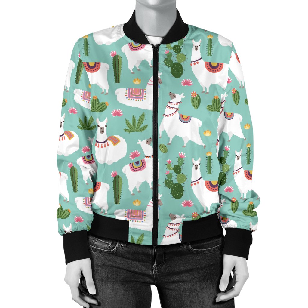 Llama With Cactus Themed Print Women Casual Bomber Jacket