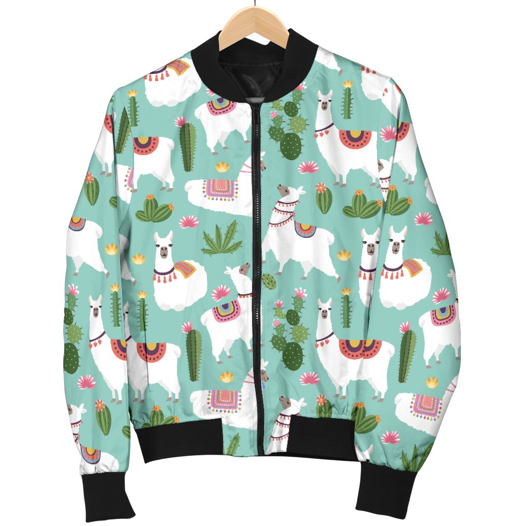 Llama With Cactus Themed Print Women Casual Bomber Jacket