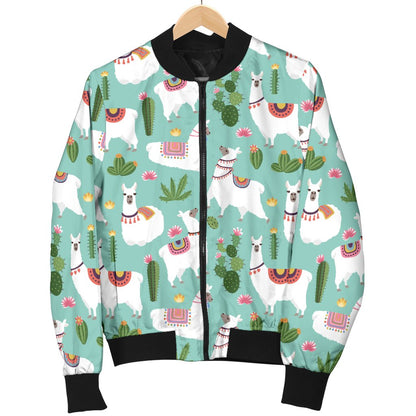 Llama With Cactus Themed Print Women Casual Bomber Jacket