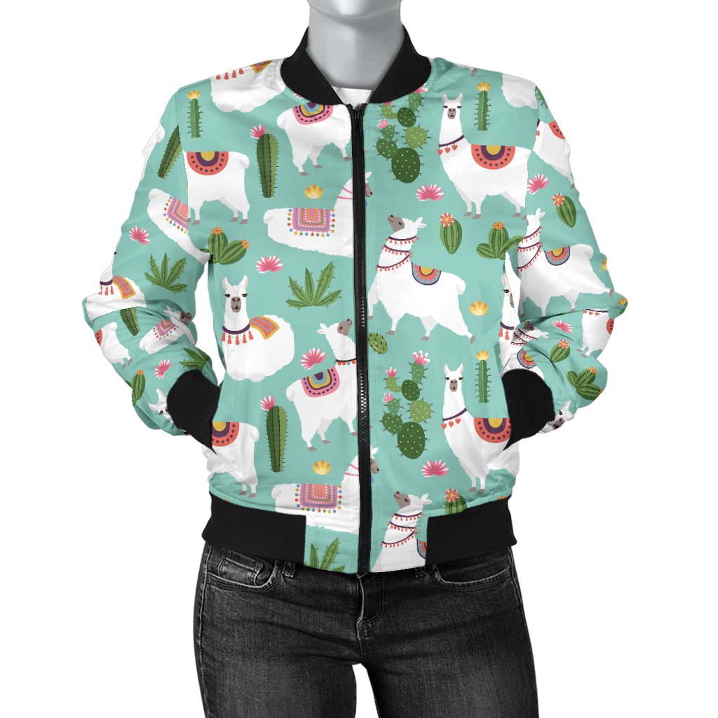 Llama With Cactus Themed Print Women Casual Bomber Jacket