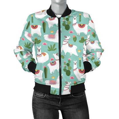 Llama With Cactus Themed Print Women Casual Bomber Jacket