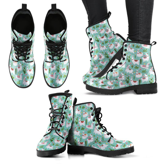 Llama with Cactus Themed Print Women Leather Boots-JTAMIGO.COM