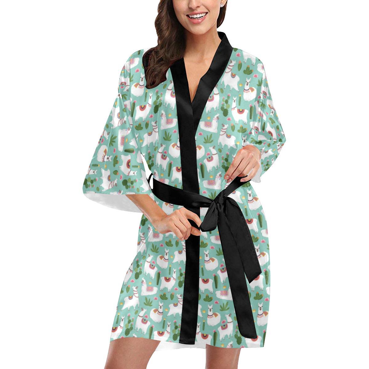 Llama with Cactus Themed Print Women Short Kimono Robe