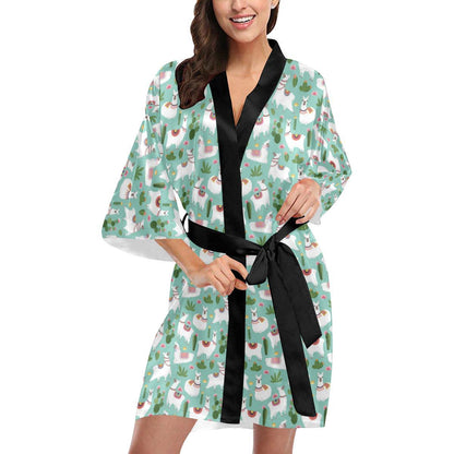 Llama with Cactus Themed Print Women Short Kimono Robe
