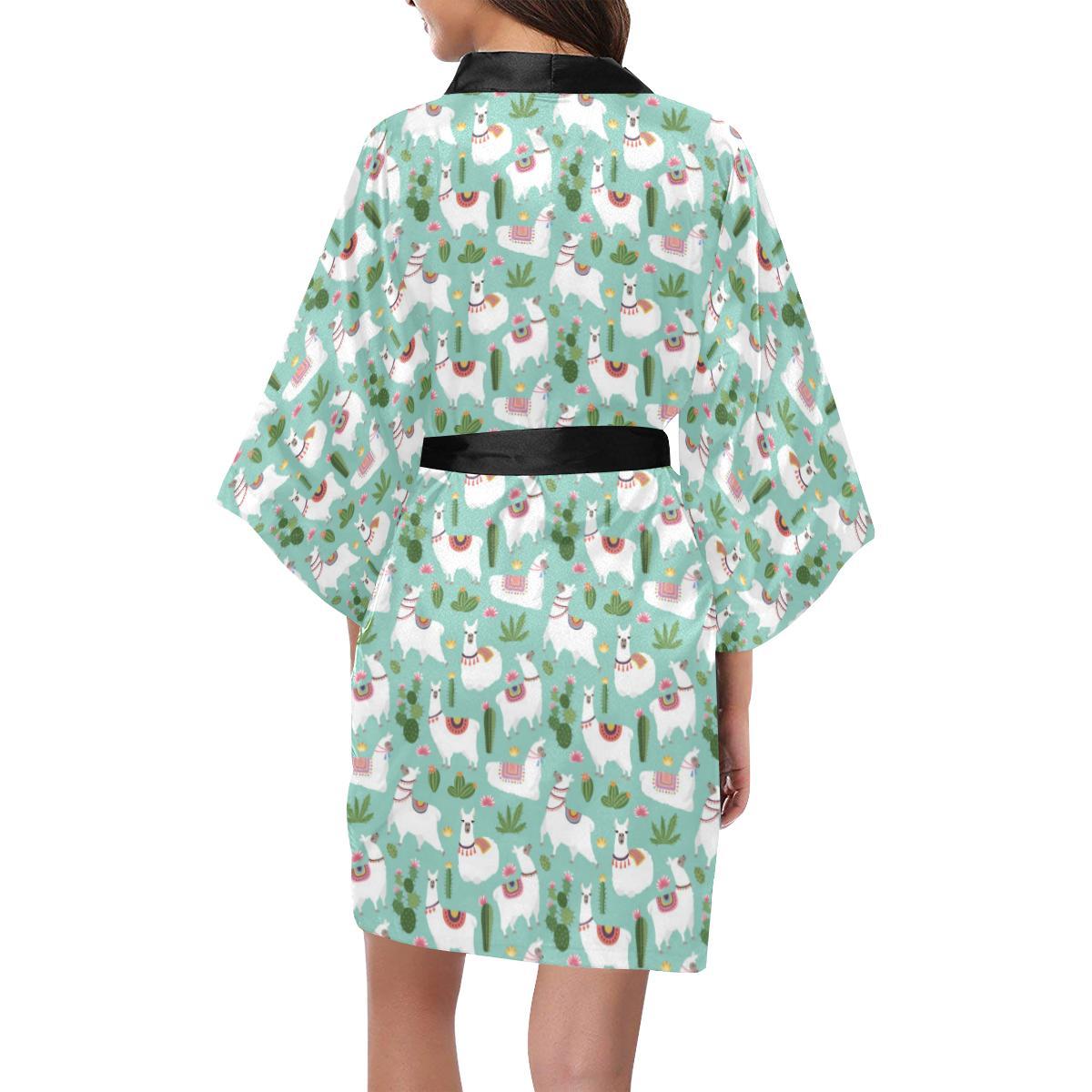 Llama with Cactus Themed Print Women Short Kimono Robe