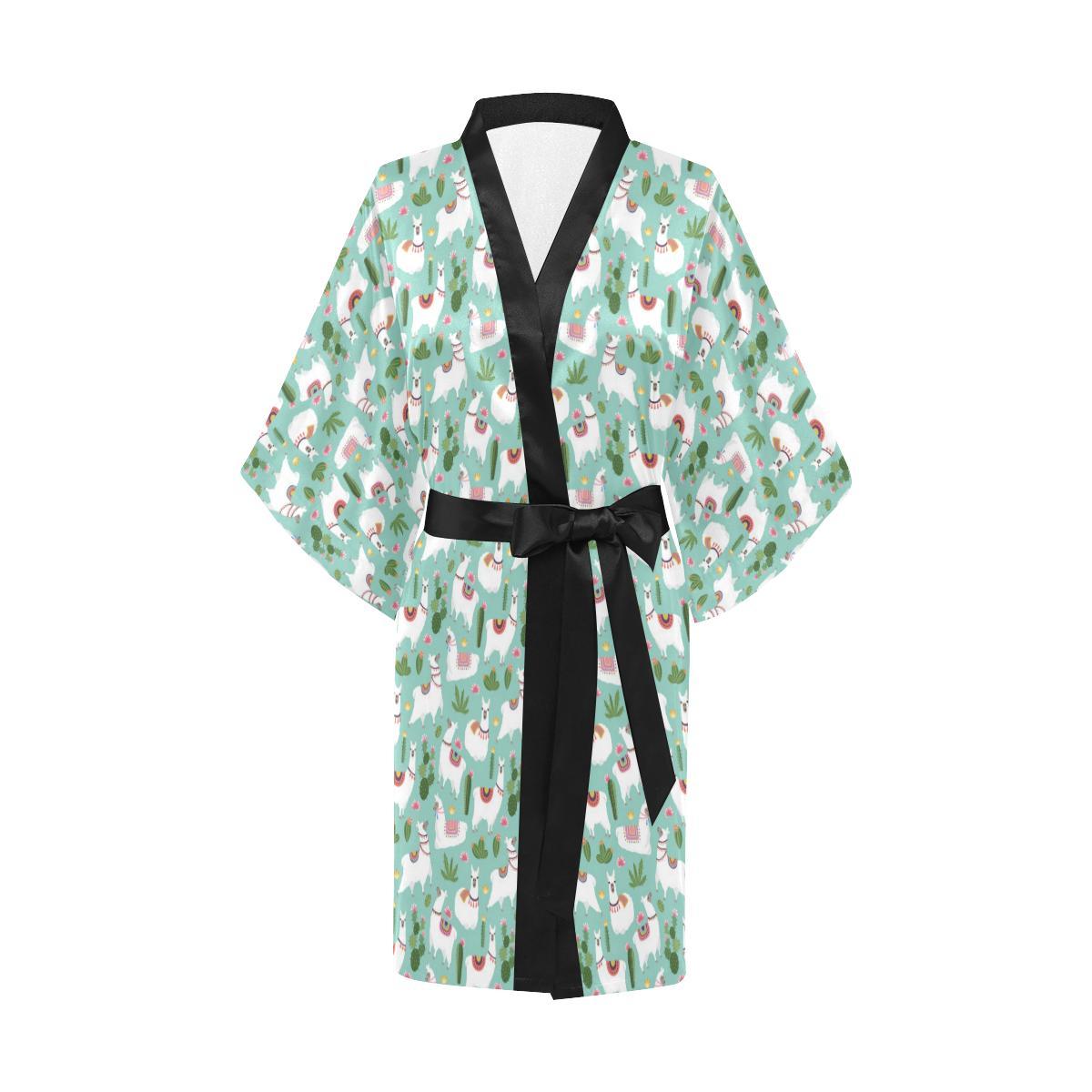 Llama with Cactus Themed Print Women Short Kimono Robe