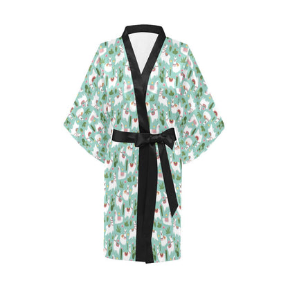 Llama with Cactus Themed Print Women Short Kimono Robe
