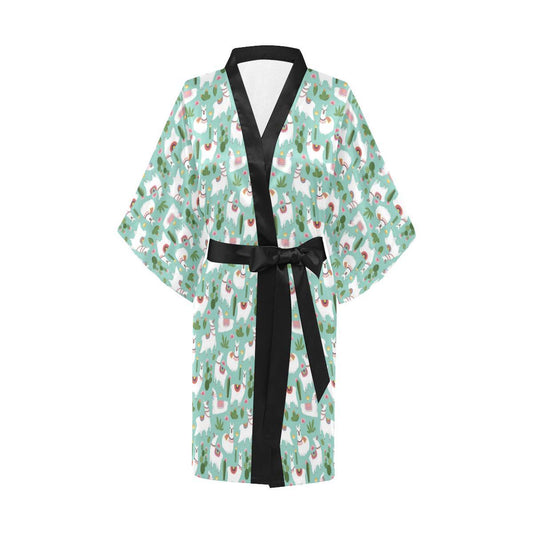 Llama with Cactus Themed Print Women Short Kimono Robe