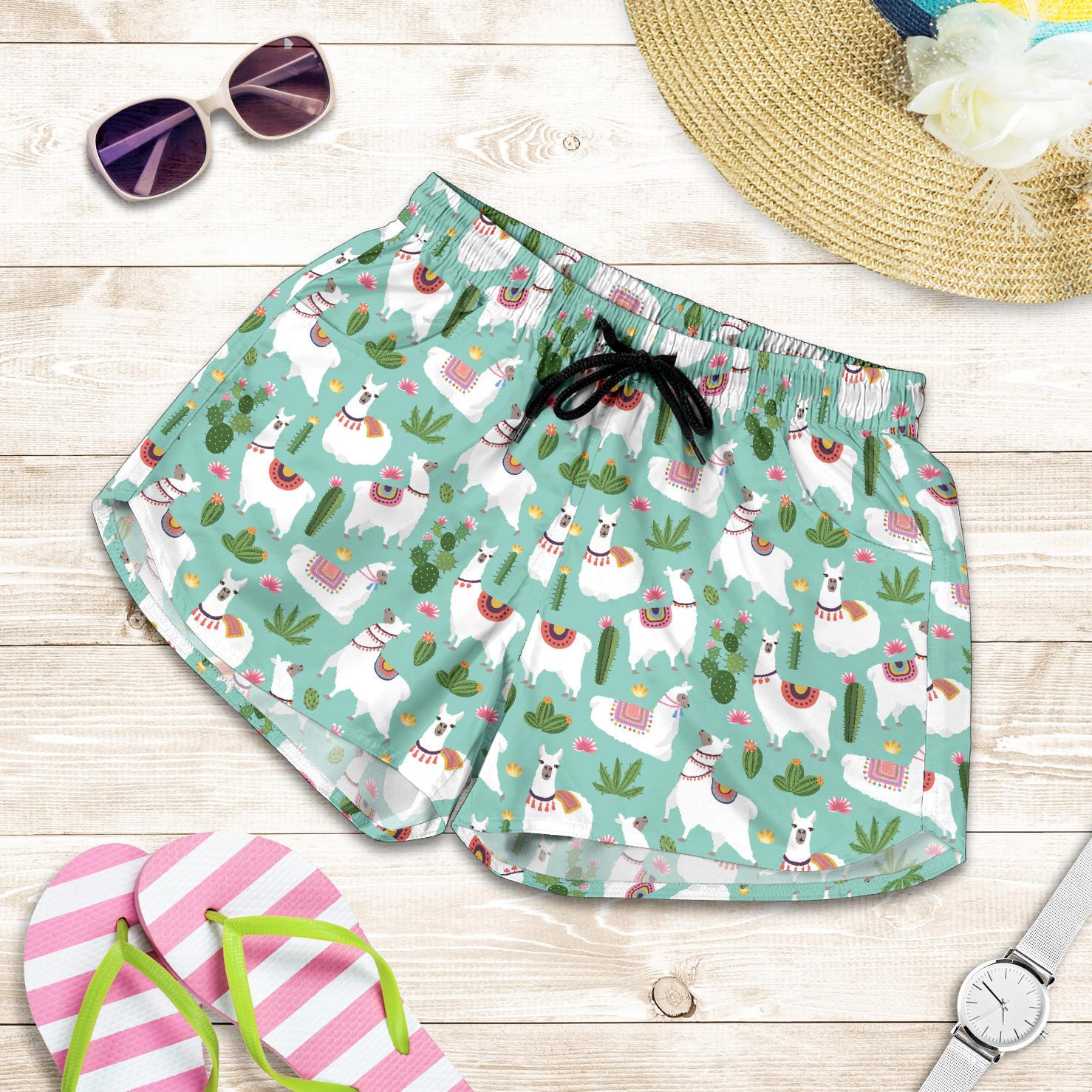 Llama with Cactus Themed Print Women Shorts-JTAMIGO.COM