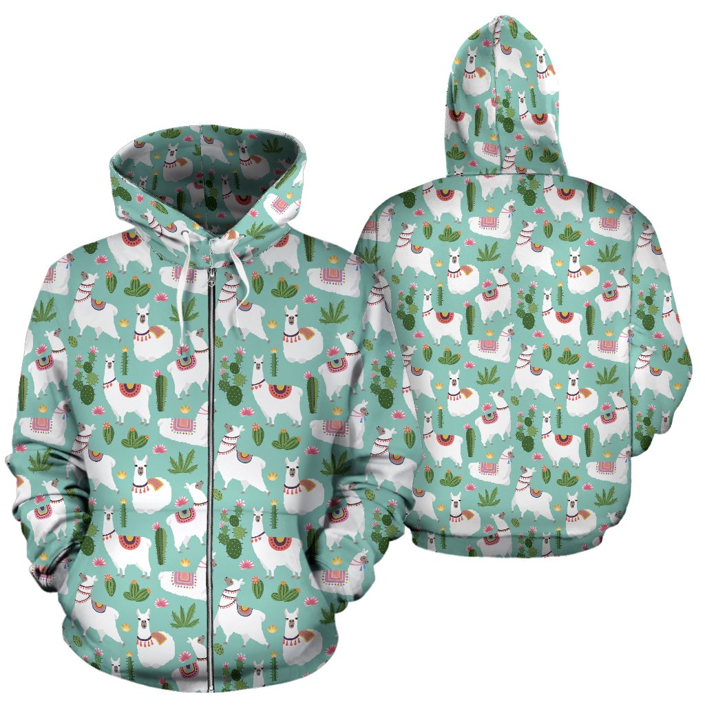 Llama with Cactus Themed Print Zip Up Hoodie