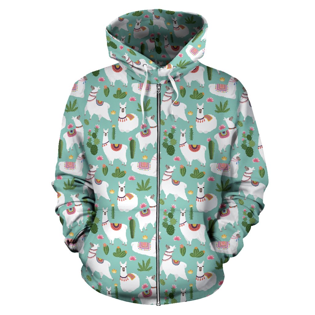 Llama with Cactus Themed Print Zip Up Hoodie