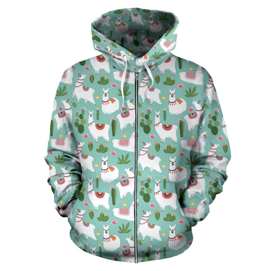 Llama with Cactus Themed Print Zip Up Hoodie