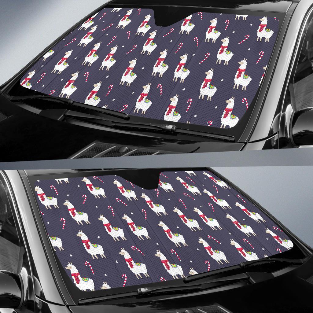 Llama with Candy Cane Themed Print Car Sun Shade For Windshield