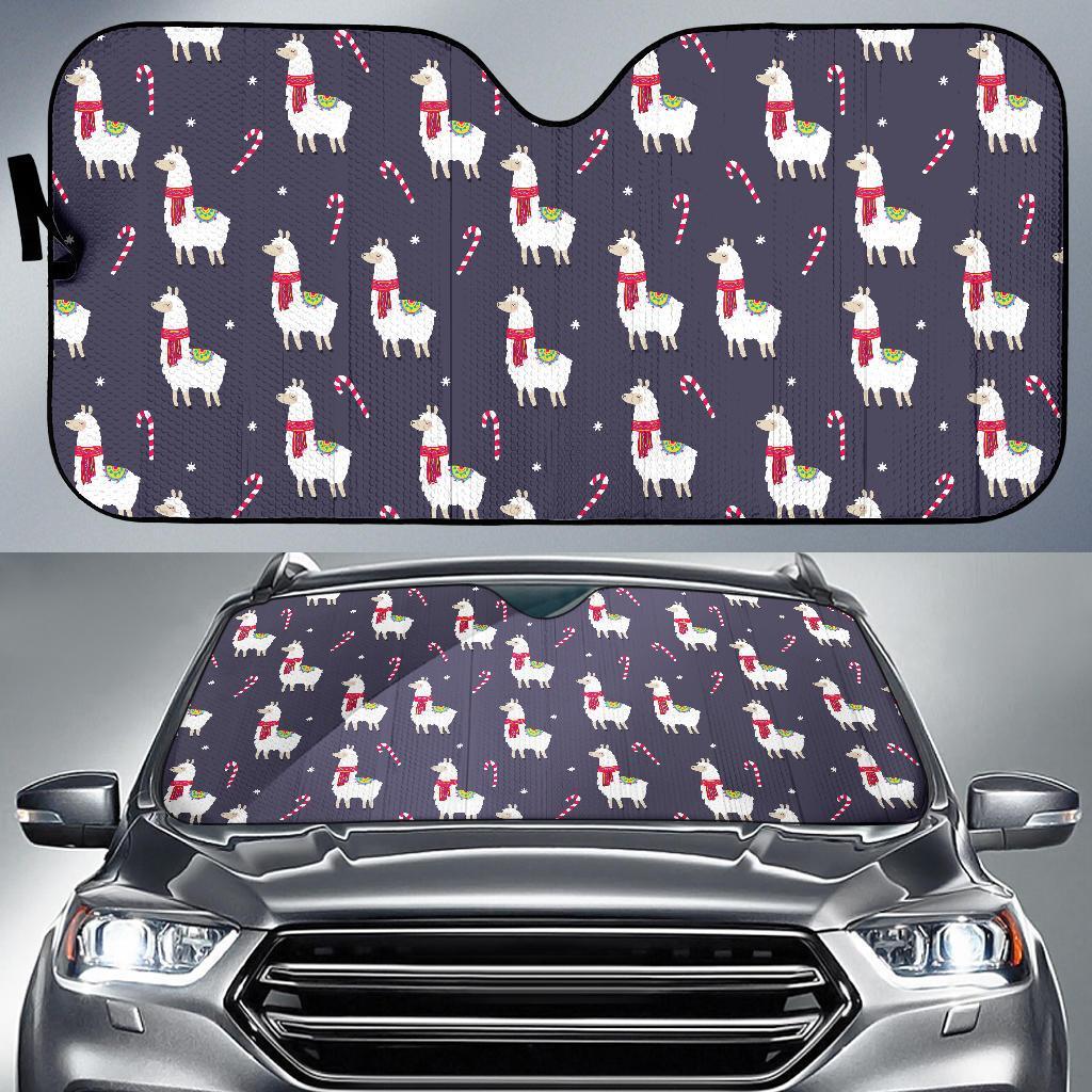 Llama with Candy Cane Themed Print Car Sun Shade For Windshield