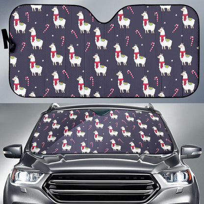 Llama with Candy Cane Themed Print Car Sun Shade For Windshield