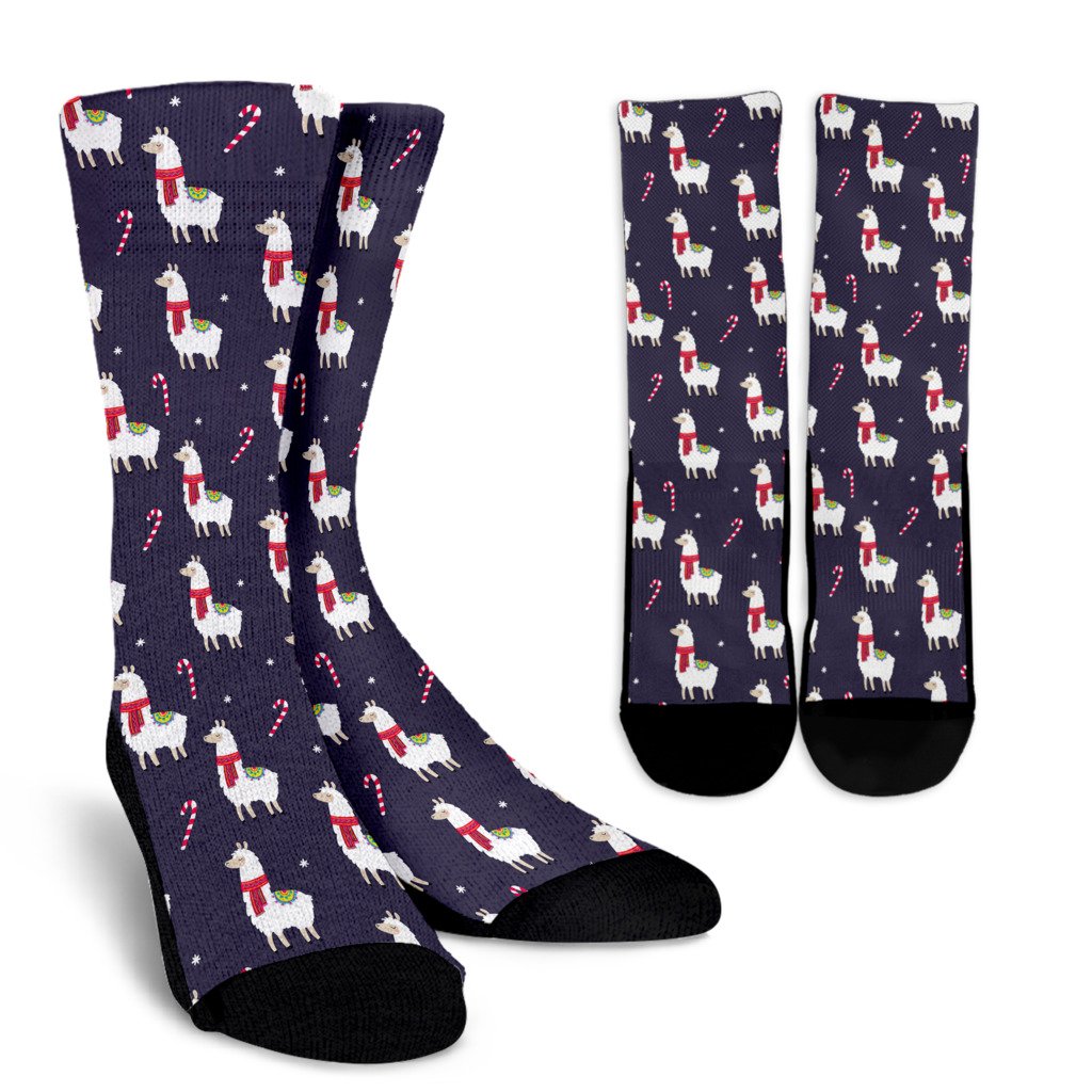 Llama with Candy Cane Themed Print Crew Socks