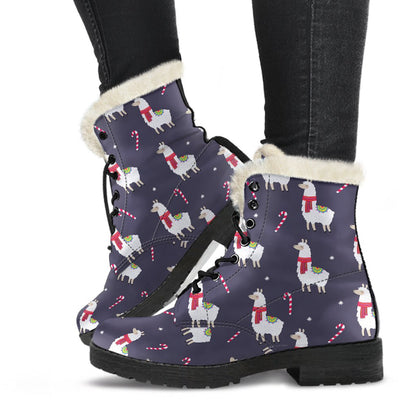 Llama with Candy Cane Themed Print Faux Fur Leather Boots-JTAMIGO.COM