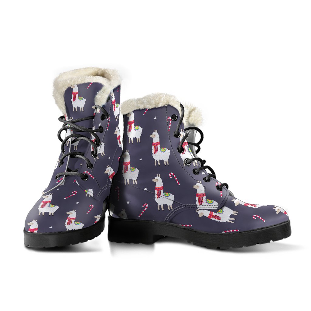 Llama with Candy Cane Themed Print Faux Fur Leather Boots-JTAMIGO.COM