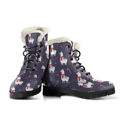 Llama with Candy Cane Themed Print Faux Fur Leather Boots-JTAMIGO.COM