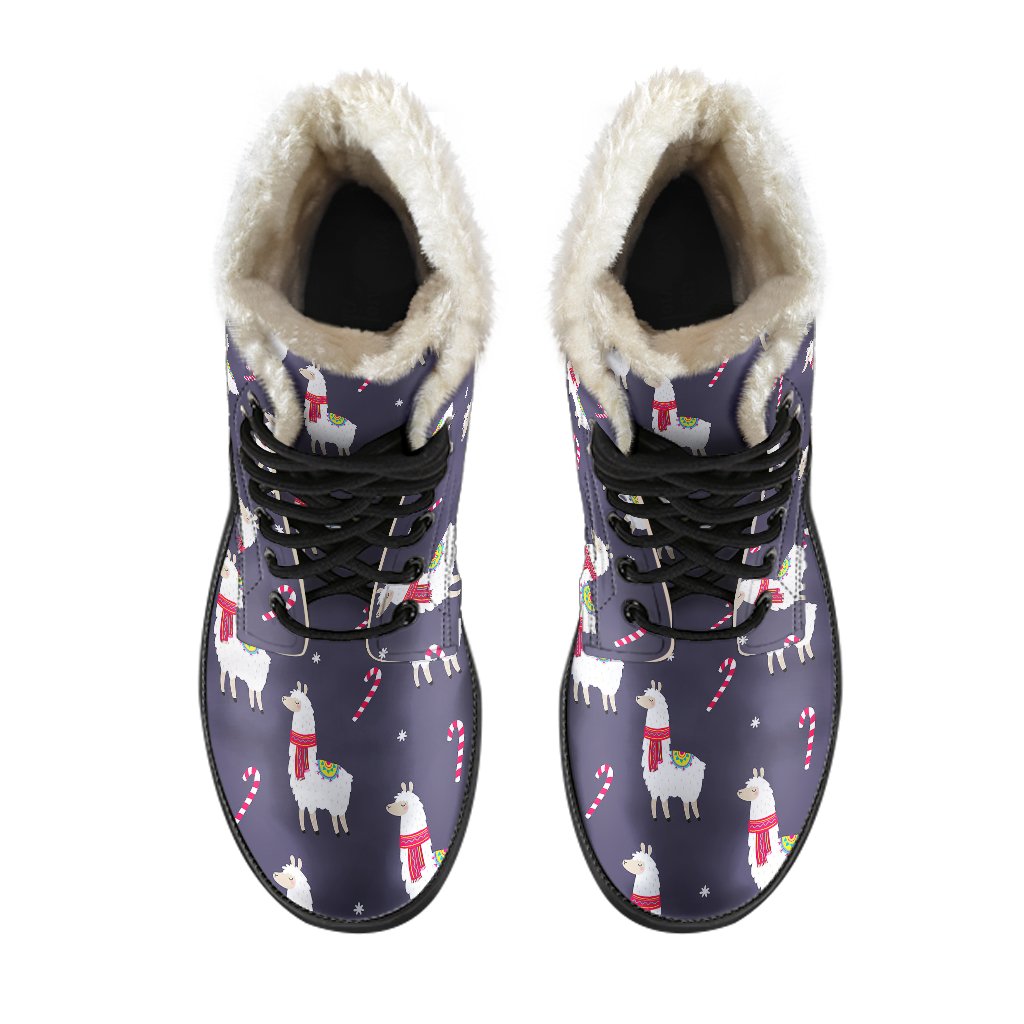 Llama with Candy Cane Themed Print Faux Fur Leather Boots-JTAMIGO.COM