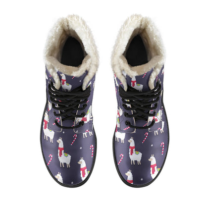 Llama with Candy Cane Themed Print Faux Fur Leather Boots-JTAMIGO.COM