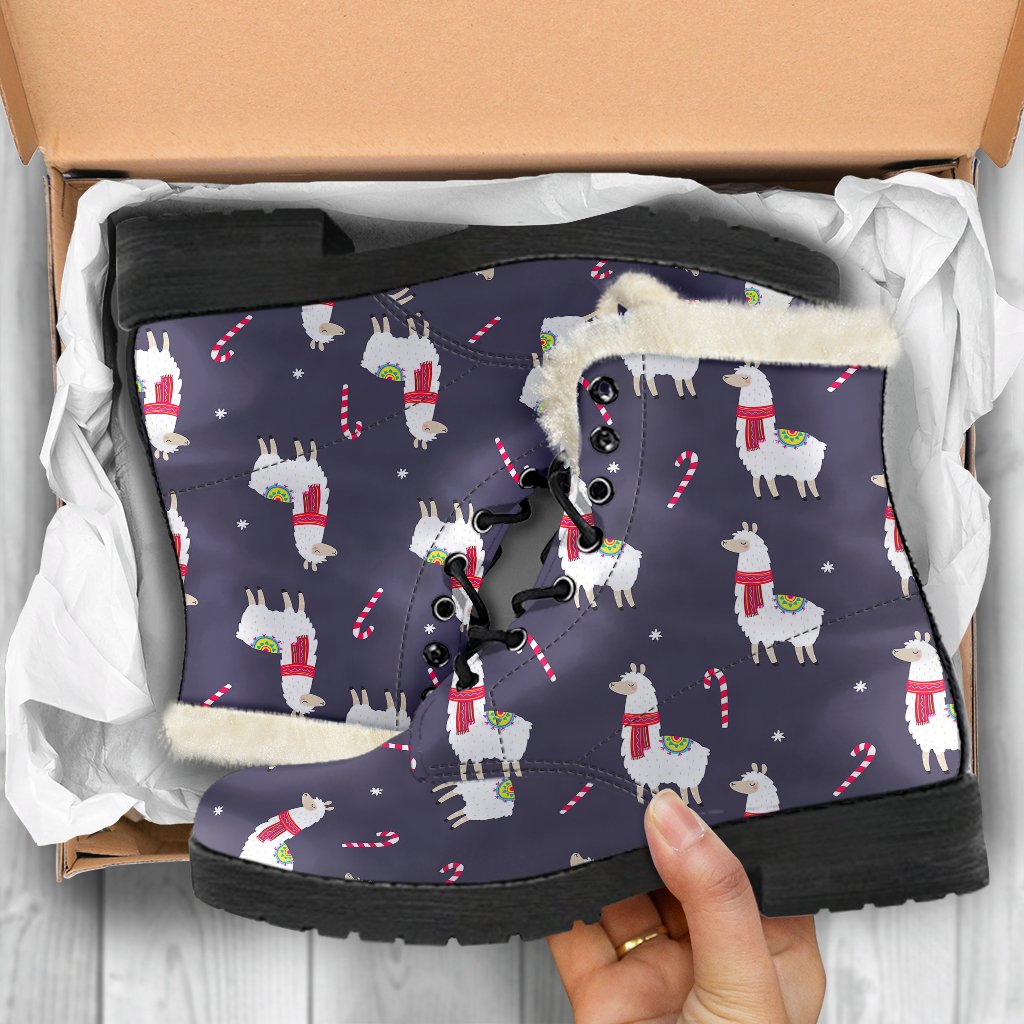 Llama with Candy Cane Themed Print Faux Fur Leather Boots-JTAMIGO.COM