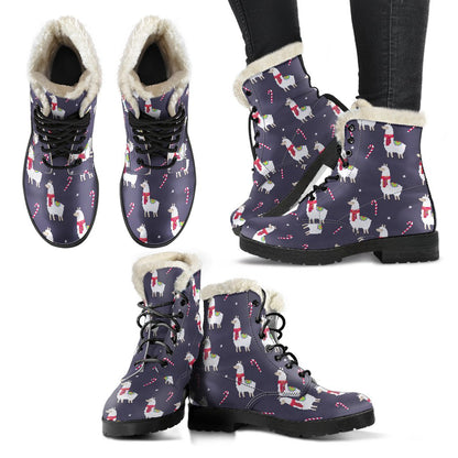 Llama with Candy Cane Themed Print Faux Fur Leather Boots-JTAMIGO.COM