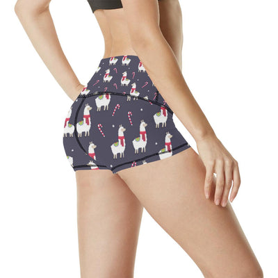 Llama with Candy Cane Themed Print High Waisted Spandex Shorts-JTAMIGO.COM