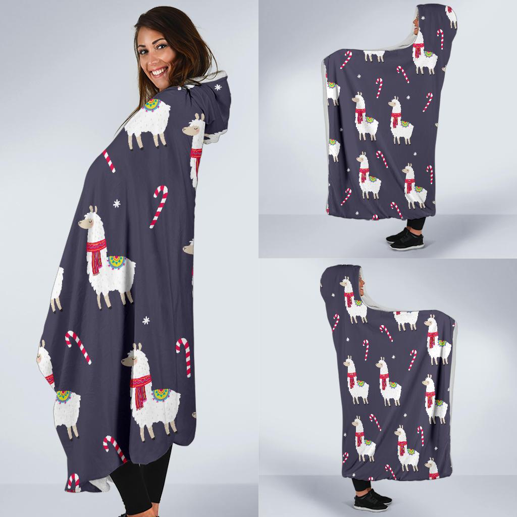 Llama with Candy Cane Themed Print Hooded Blanket-JTAMIGO.COM