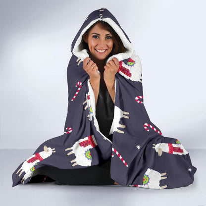 Llama with Candy Cane Themed Print Hooded Blanket-JTAMIGO.COM