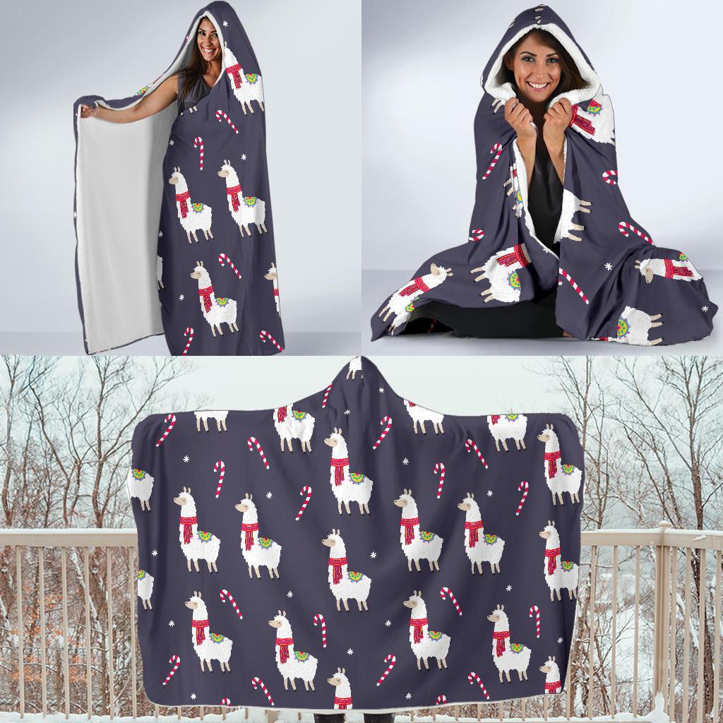 Llama with Candy Cane Themed Print Hooded Blanket-JTAMIGO.COM