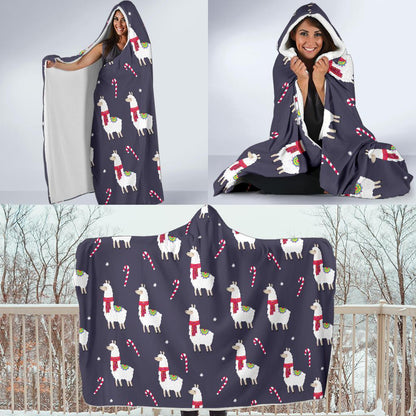 Llama with Candy Cane Themed Print Hooded Blanket-JTAMIGO.COM