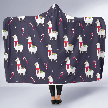 Llama with Candy Cane Themed Print Hooded Blanket-JTAMIGO.COM