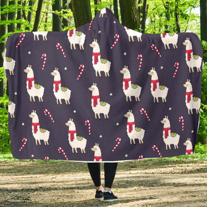 Llama with Candy Cane Themed Print Hooded Blanket-JTAMIGO.COM