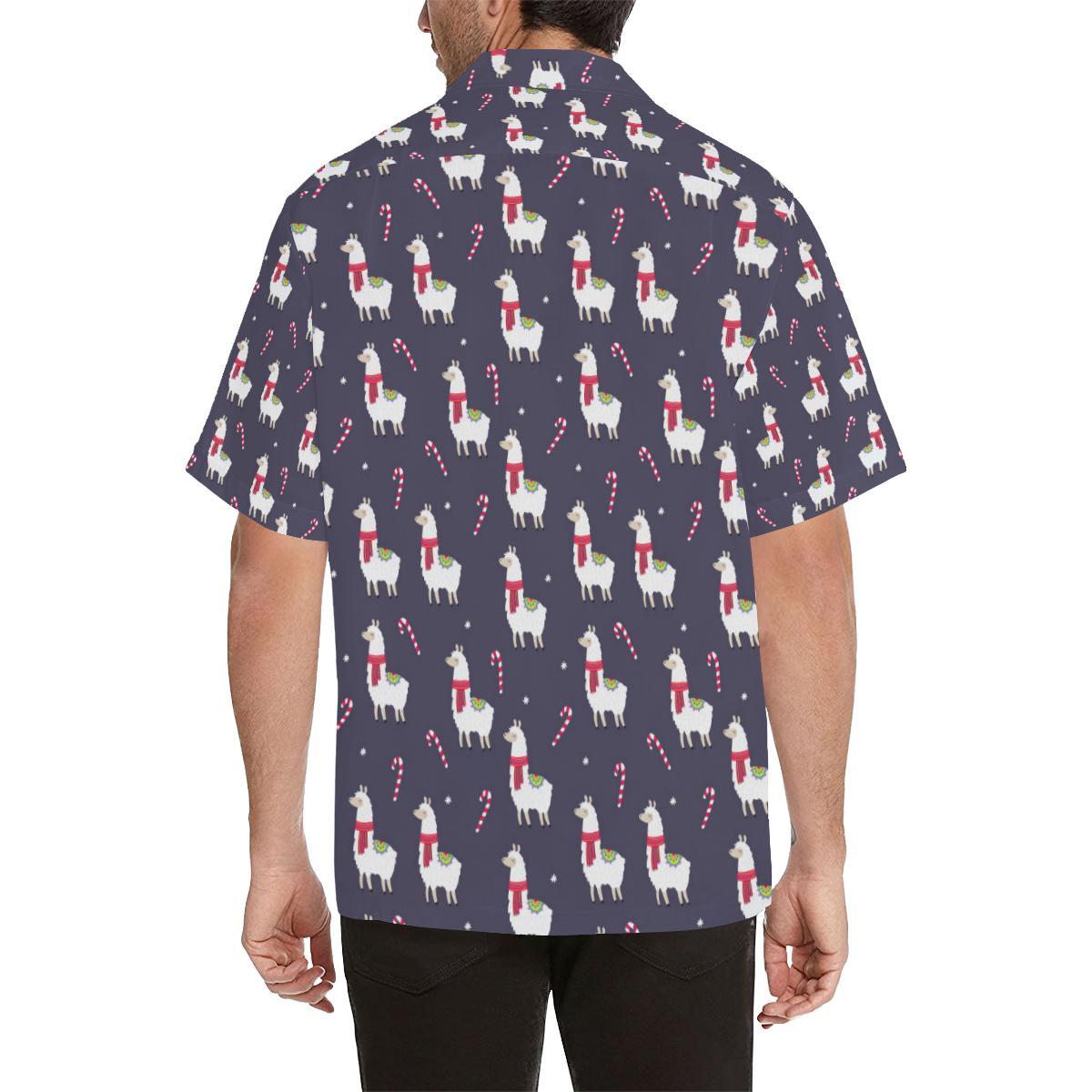 Llama with Candy Cane Themed Print Men Aloha Hawaiian Shirt