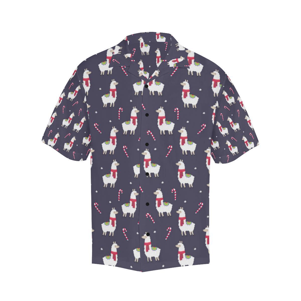 Llama with Candy Cane Themed Print Men Aloha Hawaiian Shirt