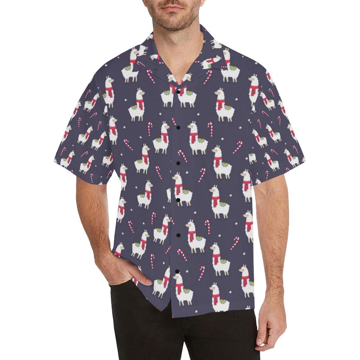 Llama with Candy Cane Themed Print Men Aloha Hawaiian Shirt