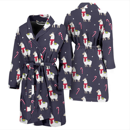Llama with Candy Cane Themed Print Men Bath Robe-JTAMIGO.COM