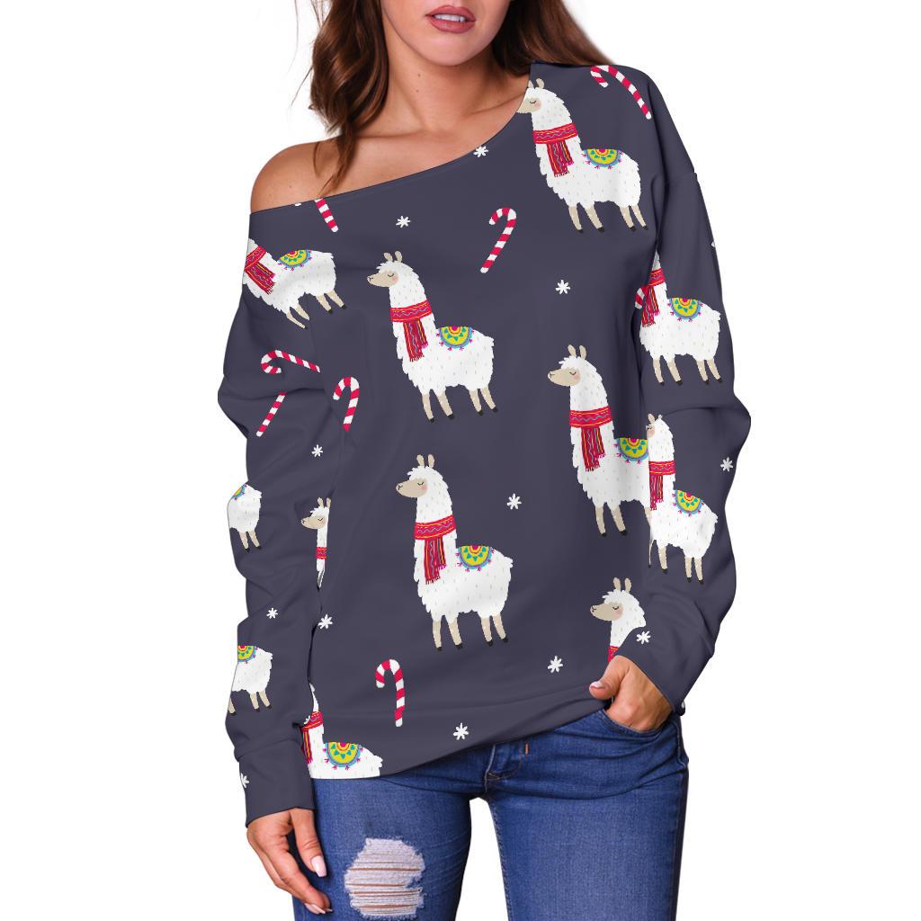 Llama with Candy Cane Themed Print Off Shoulder Sweatshirt