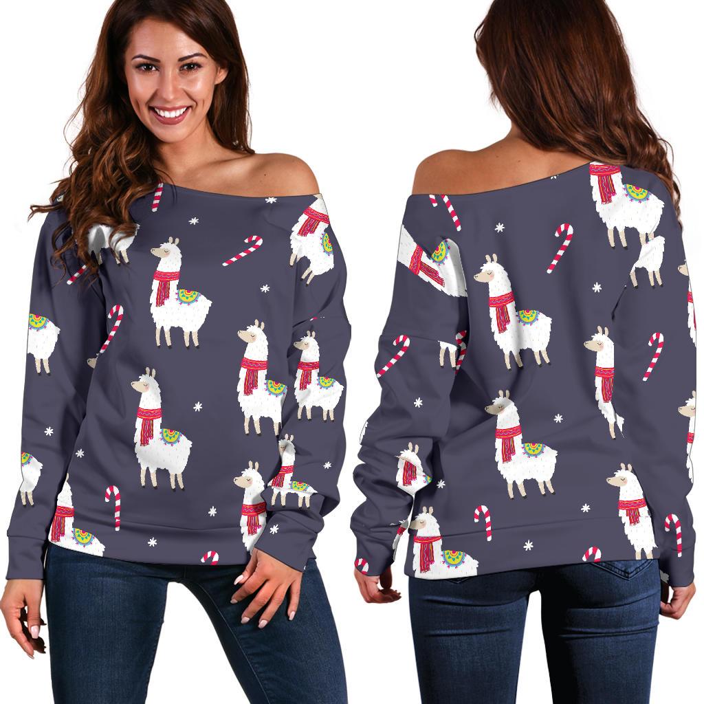 Llama with Candy Cane Themed Print Off Shoulder Sweatshirt
