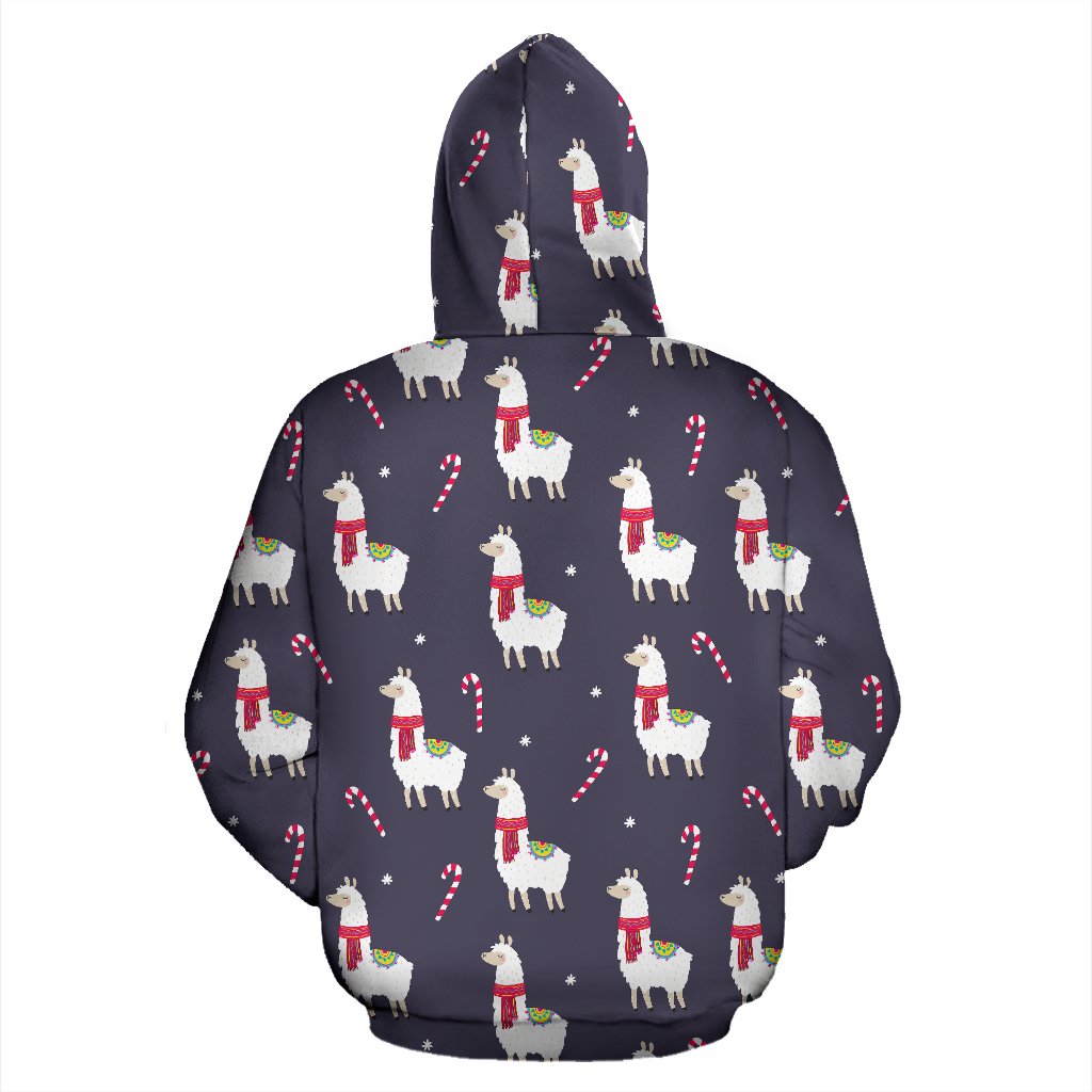 Llama with Candy Cane Themed Print Pullover Hoodie