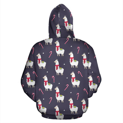 Llama with Candy Cane Themed Print Pullover Hoodie