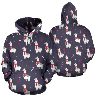 Llama with Candy Cane Themed Print Pullover Hoodie