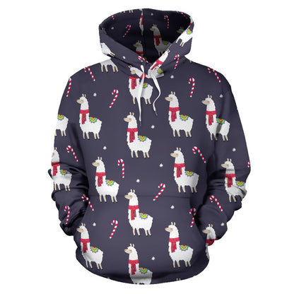 Llama with Candy Cane Themed Print Pullover Hoodie
