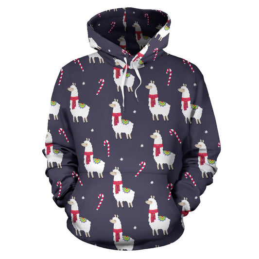 Llama with Candy Cane Themed Print Pullover Hoodie