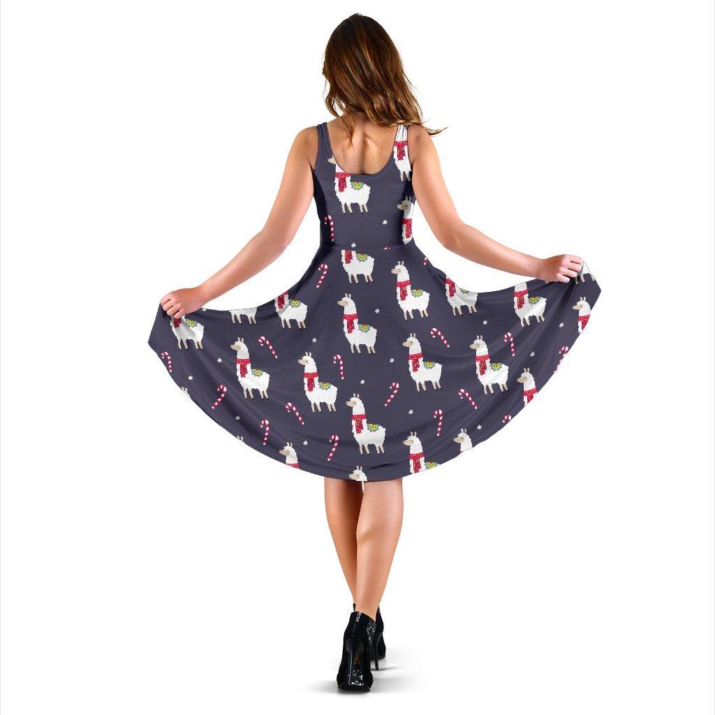 Llama with Candy Cane Themed Print Sleeveless Dress